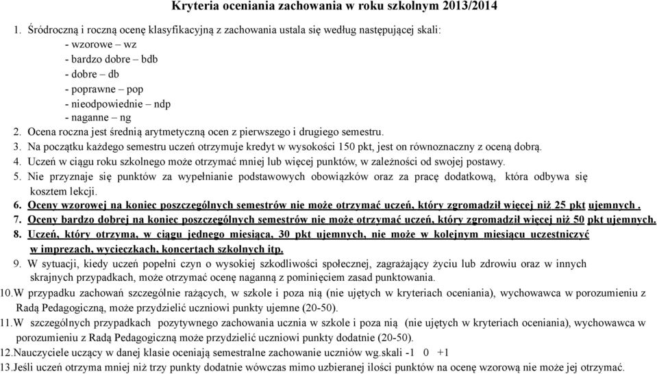 Ocena roczna jest średnią arytmetyczną ocen z pierwszego i drugiego semestru. 3. Na początku każdego semestru uczeń otrzymuje kredyt w wysokości pkt, jest on równoznaczny z oceną dobrą. 4.