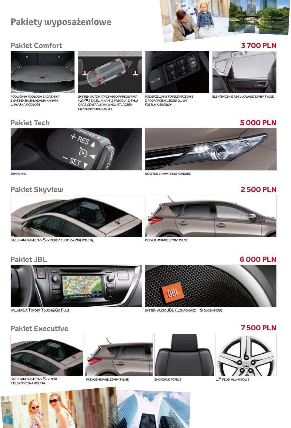 TEMPOMAT skrętne lampy biksenonowe Pakiet Skyview 2 500 PLN dach panoramiczny skyview z elektryczną roletą przyciemniane szyby tylne Pakiet JBL 6 000 PLN nawigacja toyota touch&go