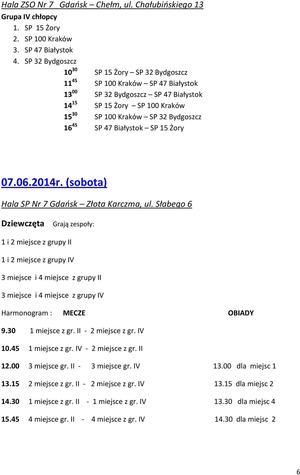 47 Białystok SP 15 Żory 07.06.2014r. (sobota) Hala SP Nr 7 Gdańsk Złota Karczma, ul.