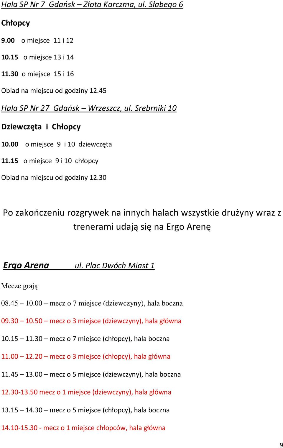 30 Po zakończeniu rozgrywek na innych halach wszystkie drużyny wraz z trenerami udają się na Ergo Arenę Ergo Arena ul. Plac Dwóch Miast 1 Mecze grają: 08.45 10.