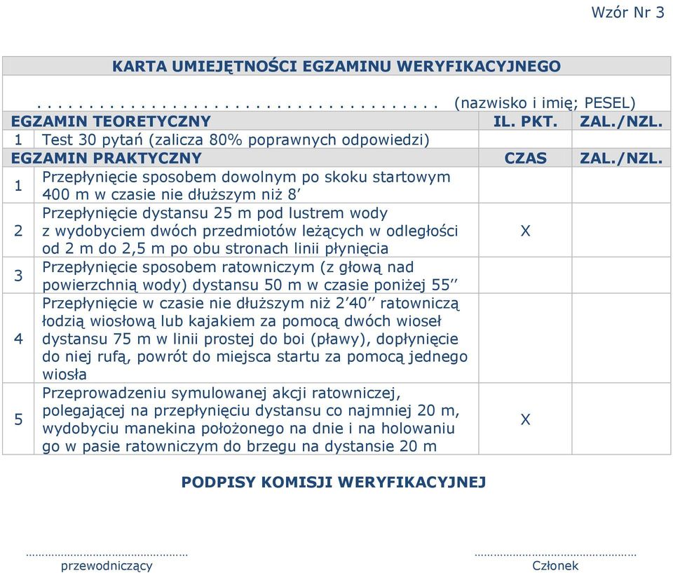 1 Przepłynięcie sposobem dowolnym po skoku startowym 400 m w czasie nie dłuższym niż 8 2 Przepłynięcie dystansu 25 m pod lustrem wody z wydobyciem dwóch przedmiotów leżących w odległości X od 2 m do