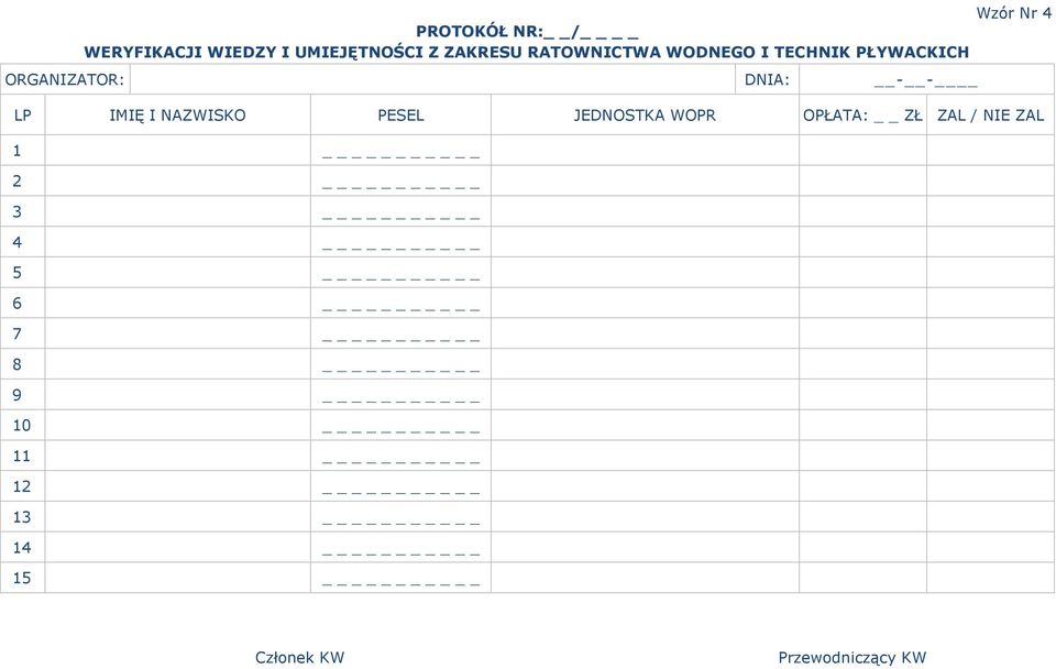 NAZWISKO PESEL JEDNOSTKA WOPR OPŁATA: ZŁ ZAL / NIE ZAL 1 _ 2 _ 3 _ 4 _ 5