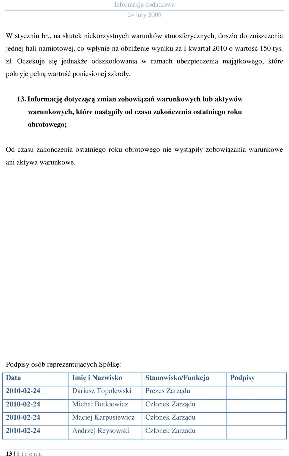 Informację dotyczącą zmian zobowiązań warunkowych lub aktywów warunkowych, które nastąpiły od czasu zakończenia ostatniego roku obrotowego; Od czasu zakończenia ostatniego roku obrotowego nie