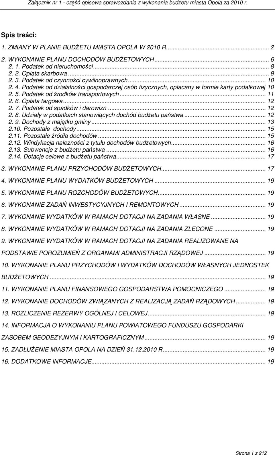 Opłata targowa... 12 2. 7. Podatek od spadków i darowizn... 12 2. 8. Udziały w podatkach stanowiących dochód budŝetu państwa... 12 2. 9. Dochody z majątku gminy... 13 2.10. Pozostałe dochody... 15 2.