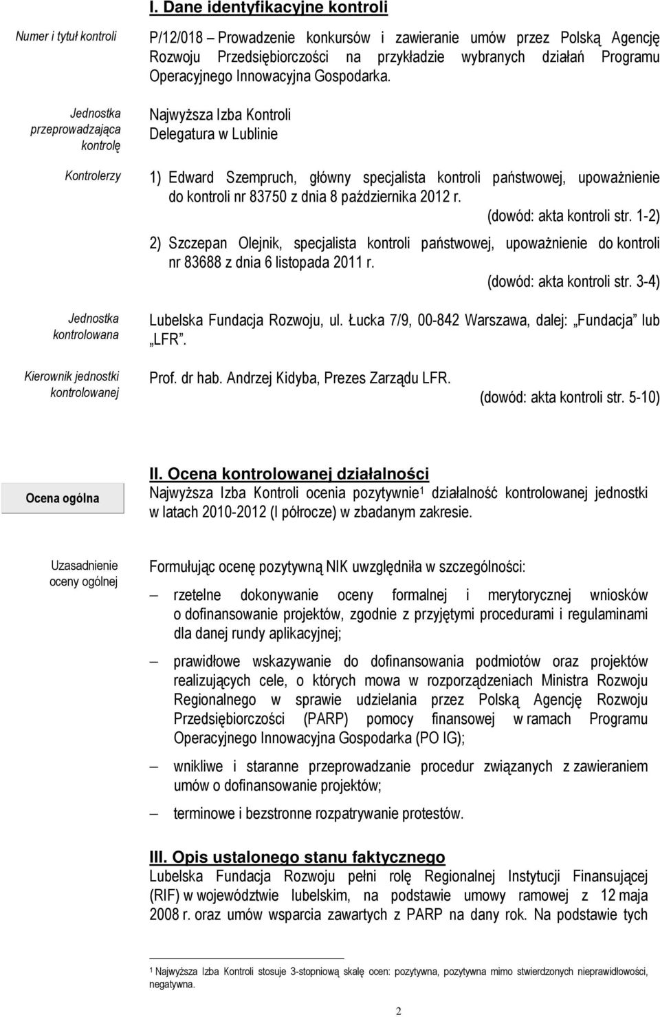 Najwyższa Izba Kontroli Delegatura w Lublinie 1) Edward Szempruch, główny specjalista kontroli państwowej, upoważnienie do kontroli nr 83750 z dnia 8 października 2012 r. (dowód: akta kontroli str.