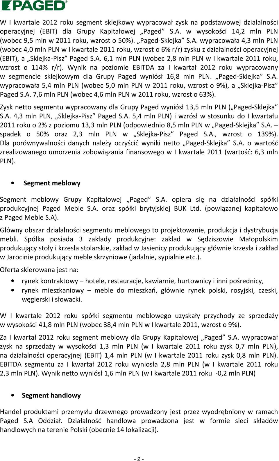 wypracowała 4,3 mln PLN (wobec 4,0 mln PLN w I kwartale 2011 roku, wzrost o 6% r/r) zysku z działalności operacyjnej (EBIT), a Sklejka-Pisz Paged S.A.