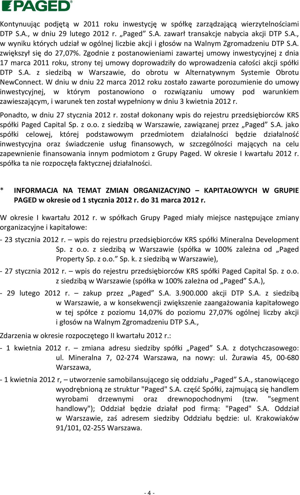 W dniu w dniu 22 marca 2012 roku zostało zawarte porozumienie do umowy inwestycyjnej, w którym postanowiono o rozwiązaniu umowy pod warunkiem zawieszającym, i warunek ten został wypełniony w dniu 3
