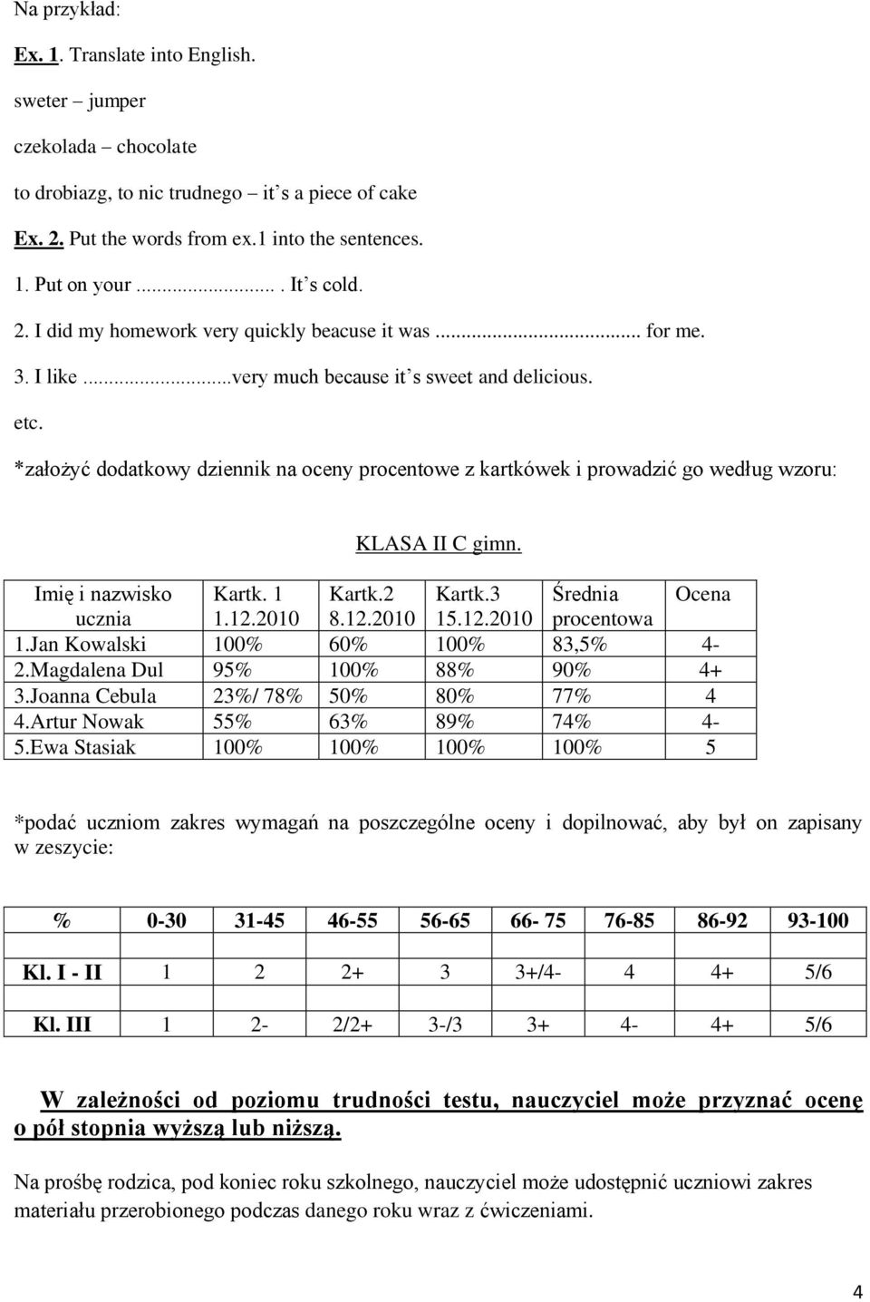 *założyć dodatkowy dziennik na oceny procentowe z kartkówek i prowadzić go według wzoru: KLASA II C gimn. Imię i nazwisko Kartk. 1 Kartk.2 Kartk.3 Średnia Ocena ucznia 1.12.2010 8.12.2010 15.12.2010 procentowa 1.