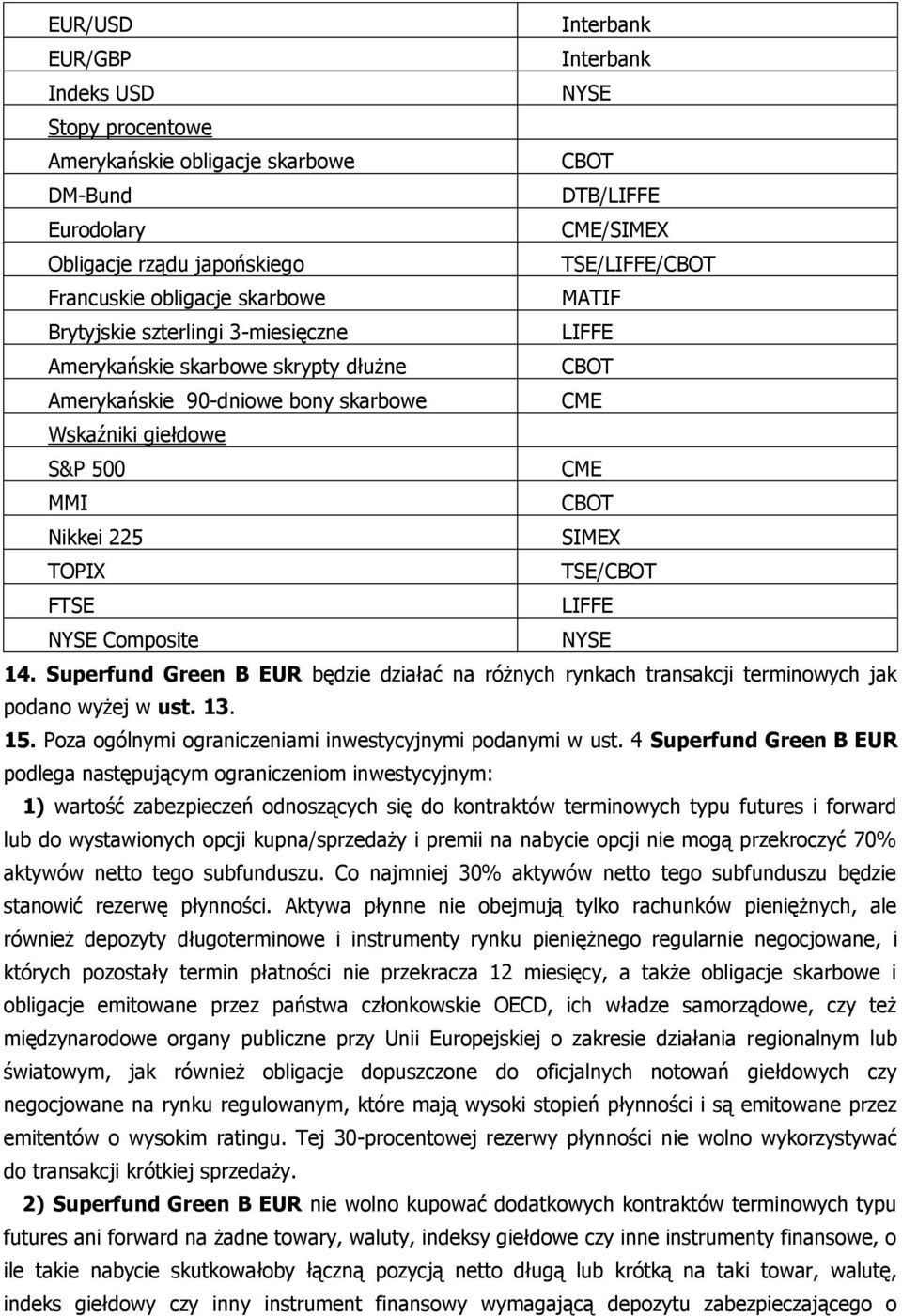 Composite 14. Superfund Green B EUR będzie działać na różnych rynkach transakcji terminowych jak podano wyżej w ust. 13. 15. Poza ogólnymi ograniczeniami inwestycyjnymi podanymi w ust.