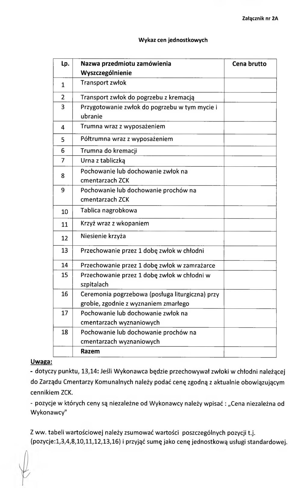 yposażeniem 5 Półtrum na w raz z w yposażeniem 6 Trum na do krem acji 7 Urna z tabliczką Pochow anie lub dochow anie zw łok na 8 cm entarzach ZCK 9 Pochow anie lub dochow anie prochów na cm entarzach