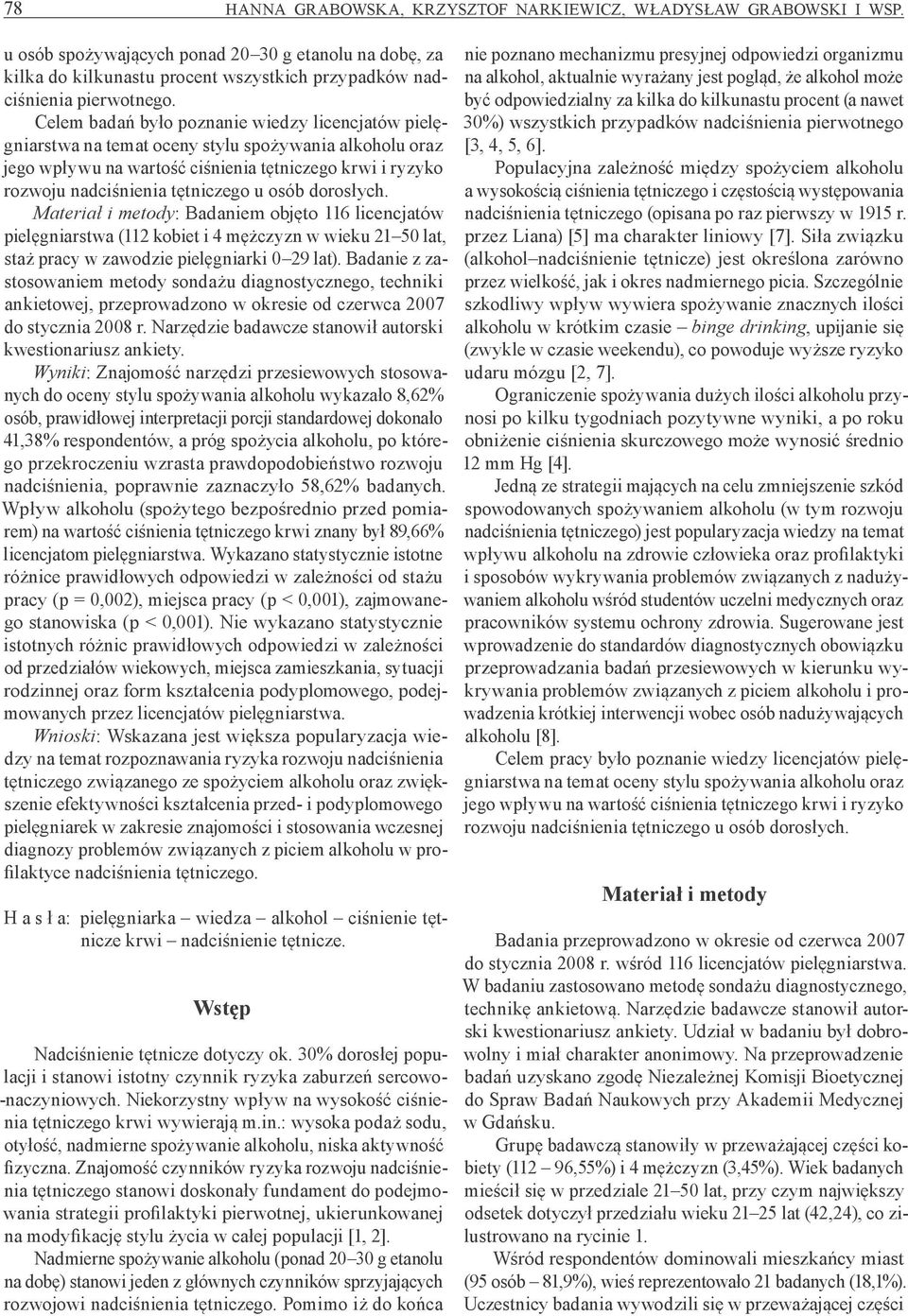 osób dorosłych. Materiał i metody: Badaniem objęto 116 licencjatów pielęgniarstwa (112 kobiet i 4 mężczyzn w wieku 21 50 lat, staż pracy w zawodzie pielęgniarki 0 29 lat).