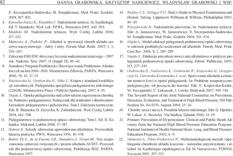 : Alkohol w prewencji chorób układu sercowo-naczyniowego fakty i mity. Forum Med. Rodz. 2007, 1, 3, 256 263. 7. Zalecenia ESH/ESC dotyczące leczenia nadciśnienia tętniczego 2007 rok. Nadciśn. Tętn.