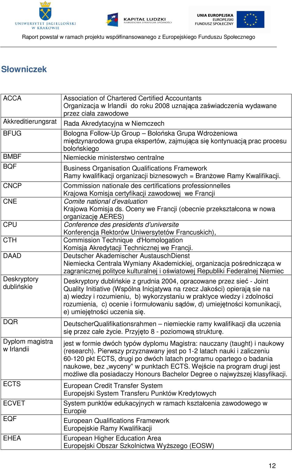 ekspertów, zajmująca się kontynuacją prac procesu bolońskiego Niemieckie ministerstwo centralne Business Organisation Qualifications Framework Ramy kwalifikacji organizacji biznesowych = BranŜowe