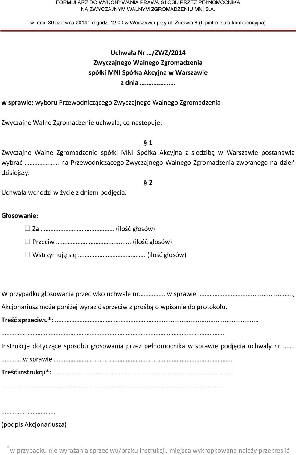 dzień dzisiejszy. Za (ilość głosów) Przeciw.