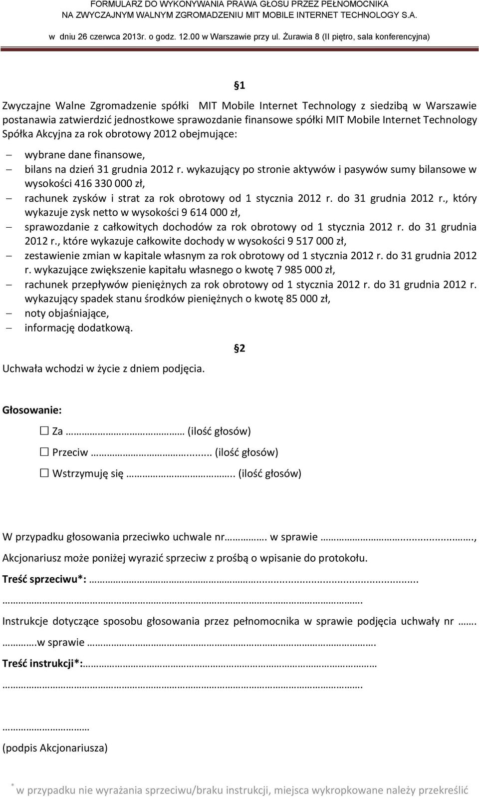 , który wykazuje zysk netto w wysokości 9 614 000 zł, sprawozdanie z całkowitych dochodów za rok obrotowy od 1 stycznia 2012 r. do 31 grudnia 2012 r.