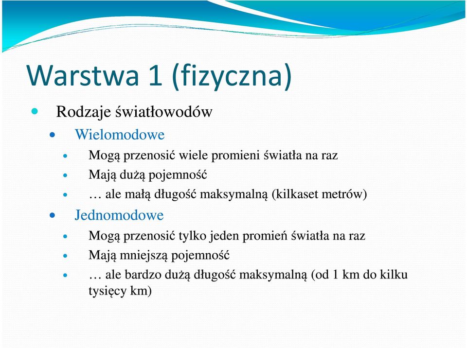 Jednomodowe Mogą przenosić tylko jeden promień światła na raz Mają