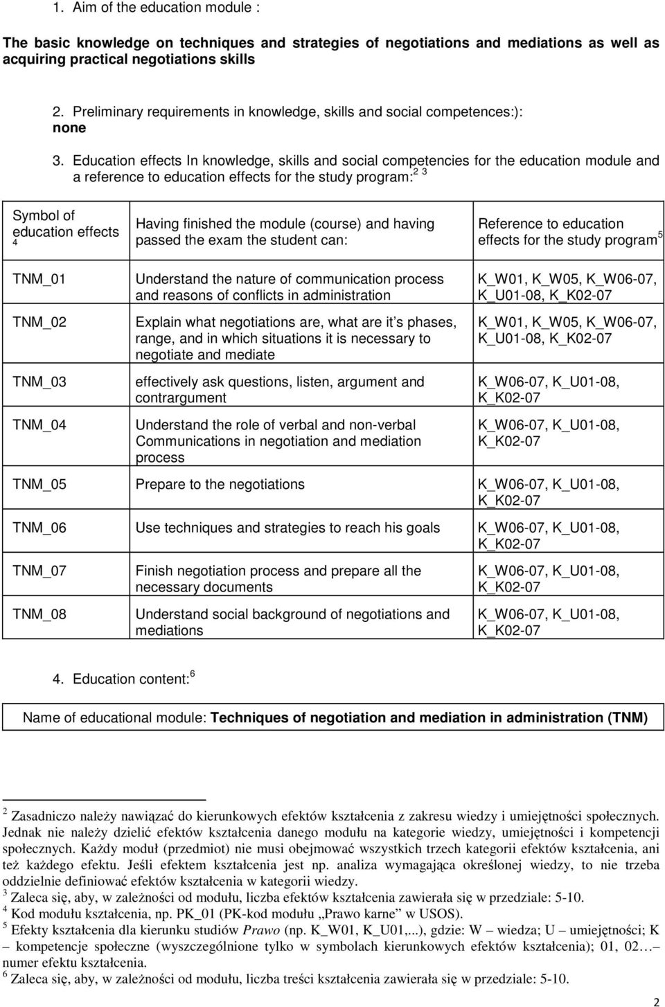 Education effects In knowledge, skills and social competencies for the education module and a reference to education effects for the study program: 2 3 Symbol of education effects 4 Having finished