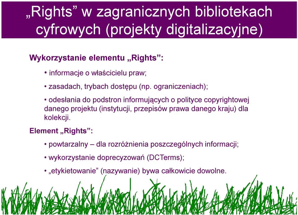 ograniczeniach); odesłania do podstron informujących o polityce copyrightowej danego projektu (instytucji, przepisów