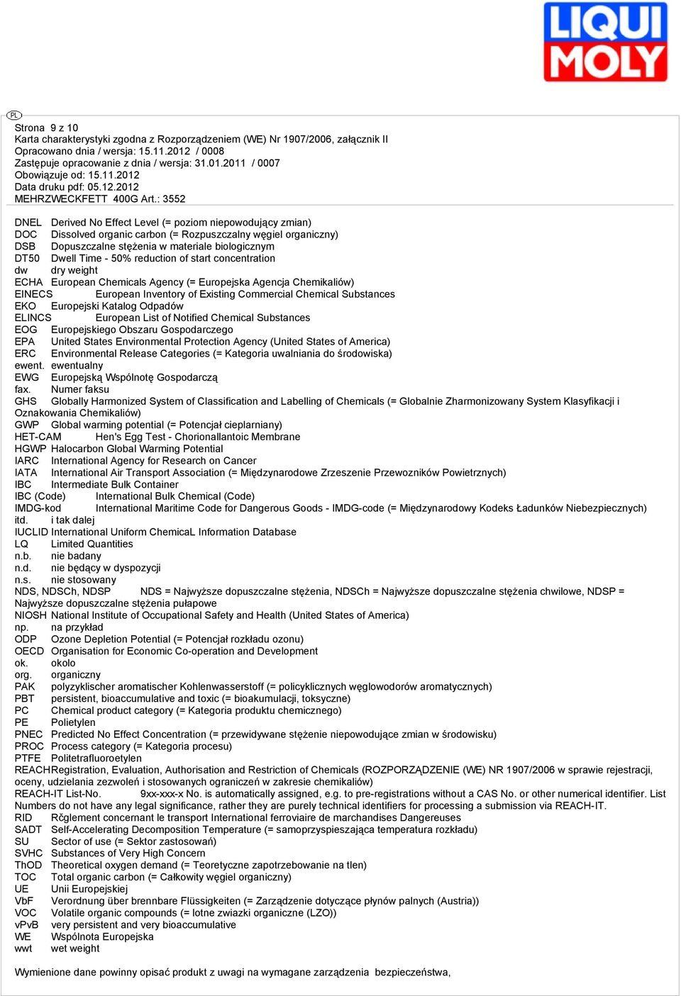 EKO Europejski Katalog Odpadów ELINCS European List of Notified Chemical Substances EOG Europejskiego Obszaru Gospodarczego EPA United States Environmental Protection Agency (United States of