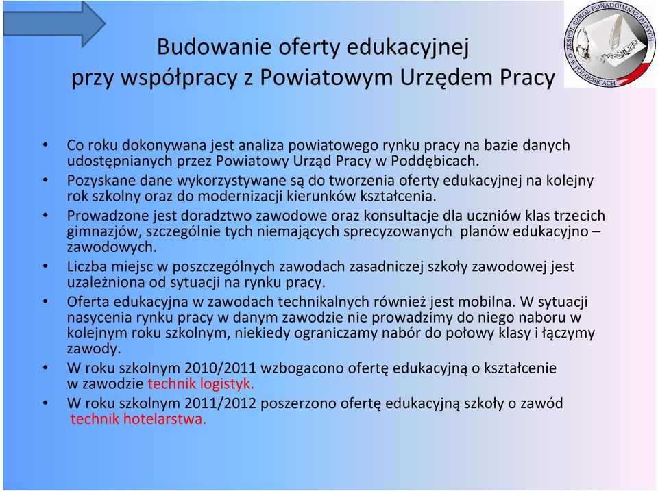 Prowadzone jest doradztwo zawodowe oraz konsultacje dla uczniów klas trzecich gimnazjów, szczególnie tych niemających sprecyzowanych planów edukacyjno zawodowych.