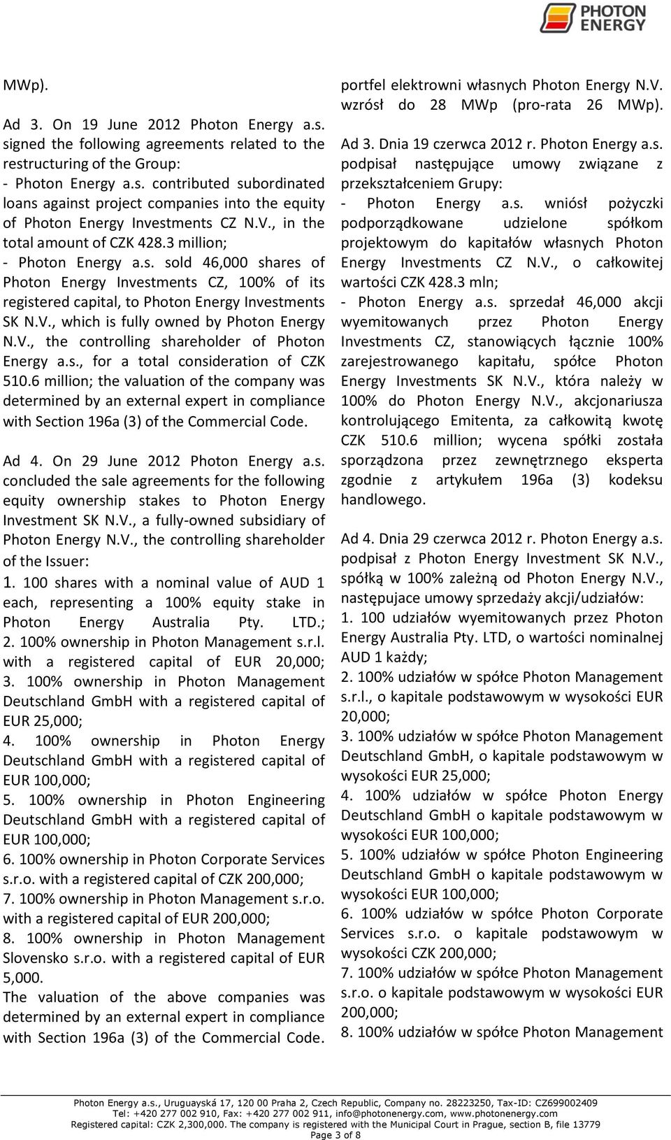 V., the controlling shareholder of Photon Energy a.s., for a total consideration of CZK 510.