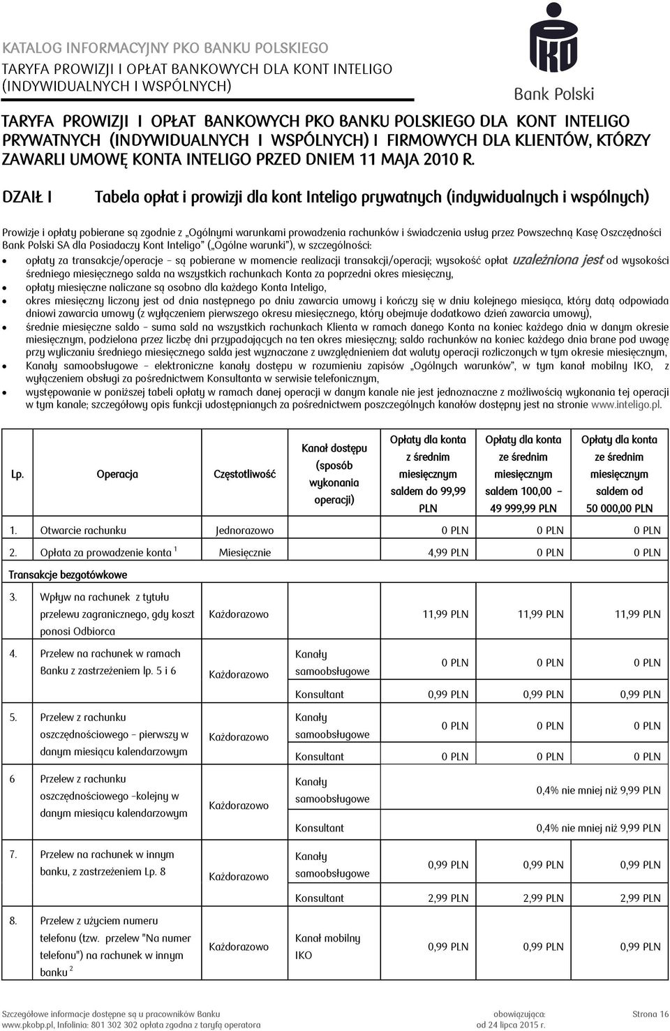 Powszechną Kasę Oszczędności Bank Polski SA dla Posiadaczy Kont Inteligo ( Ogólne warunki ), w szczególności: opłaty za transakcje/operacje są pobierane w momencie realizacji transakcji/operacji;