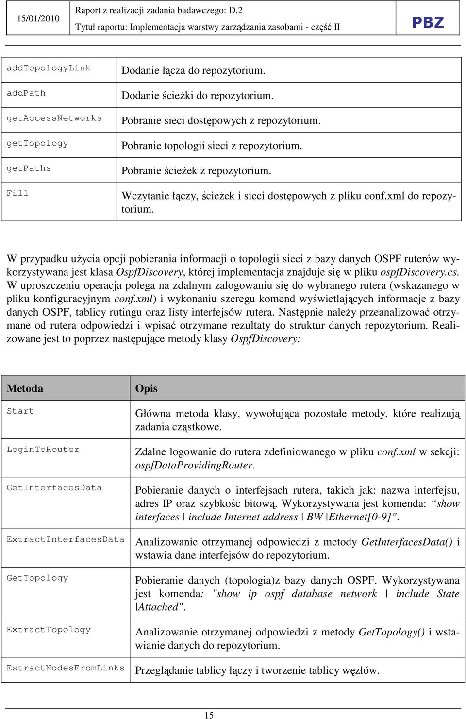W przypadku uŝycia opcji pobierania informacji o topologii sieci z bazy danych OSPF ruterów wykorzystywana jest klasa OspfDiscovery, której implementacja znajduje się w pliku ospfdiscovery.cs.
