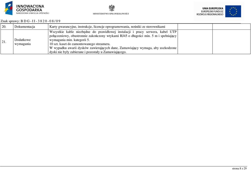 zakończony wtykami RJ45 o długości min. 5 m i spełniający wymagania min. kategorii 5. 10 szt.