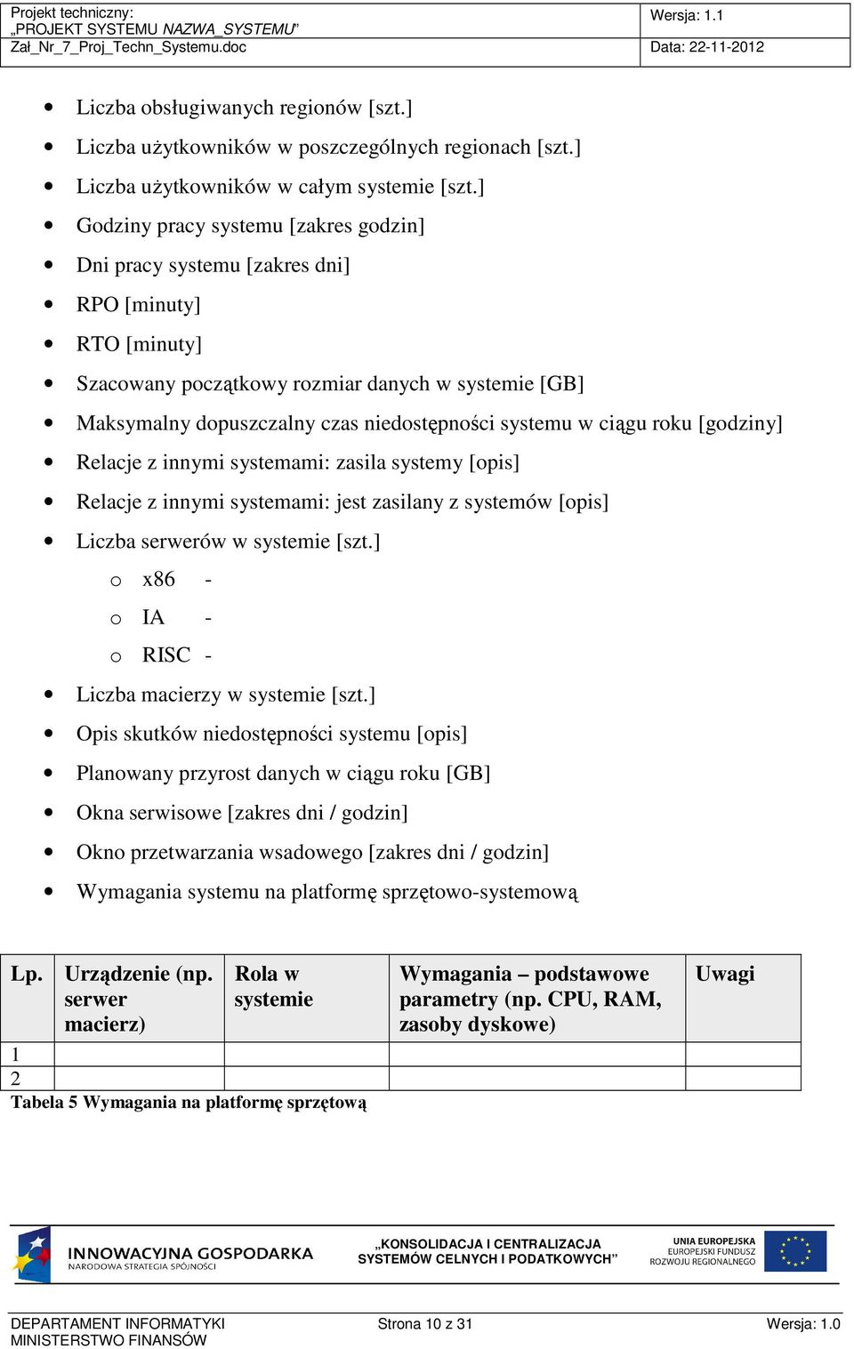 systemu w ciągu roku [godziny] Relacje z innymi systemami: zasila systemy [opis] Relacje z innymi systemami: jest zasilany z systemów [opis] Liczba serwerów w systemie [szt.