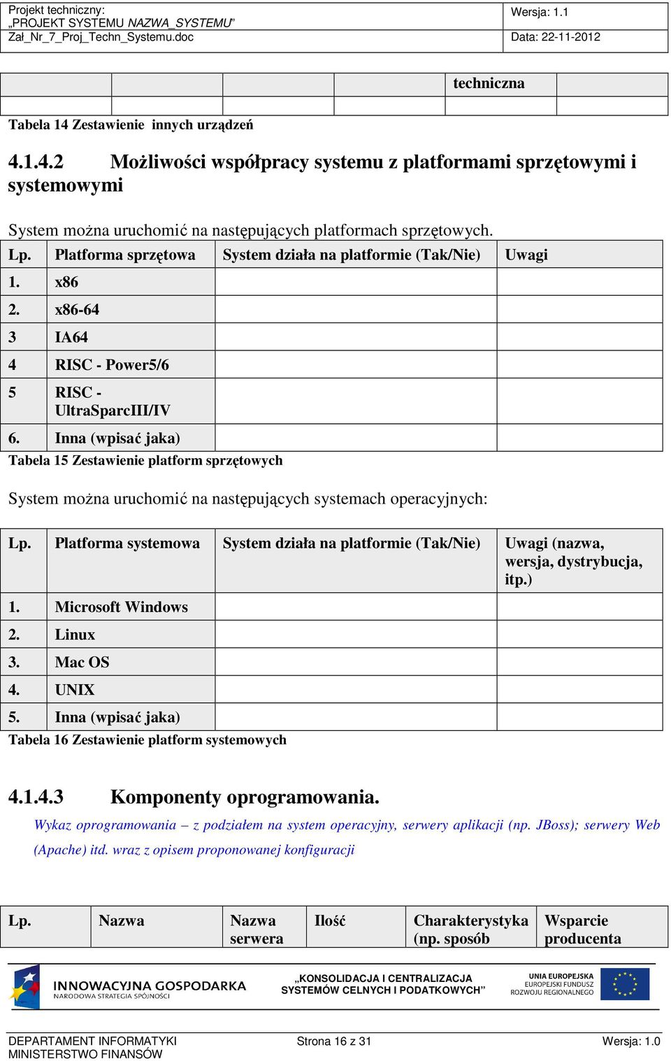 Inna (wpisać jaka) Tabela 15 Zestawienie platform sprzętowych System moŝna uruchomić na następujących systemach operacyjnych: Lp.