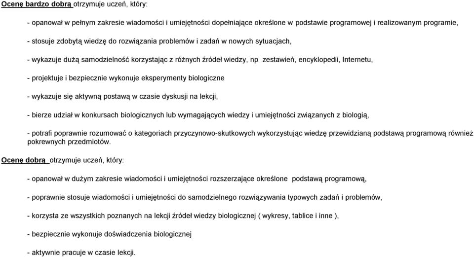 eksperymenty biologiczne - wykazuje się aktywną postawą w czasie dyskusji na lekcji, - bierze udział w konkursach biologicznych lub wymagających wiedzy i umiejętności związanych z biologią, - potrafi