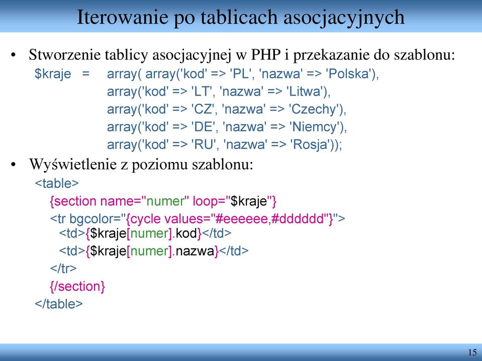 'nazwa' => 'Niemcy'), array('kod' => 'RU', 'nazwa' => 'Rosja')); Wyświetlenie z poziomu szablonu: <table> {section name="numer"