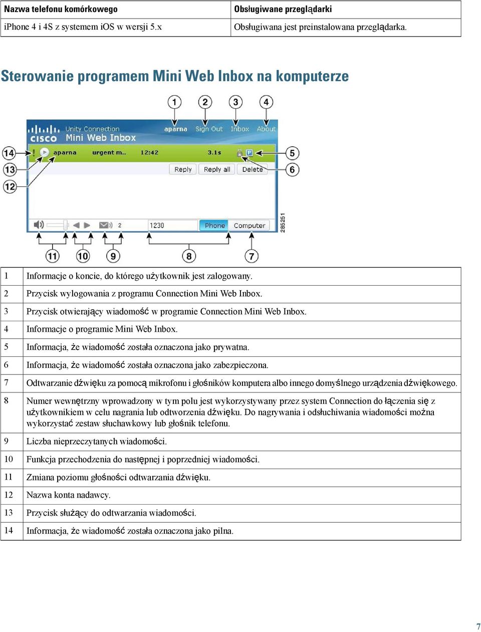 Przycisk wylogowania z programu Connection Mini Web Inbox. Przycisk otwierający wiadomość w programie Connection Mini Web Inbox. Informacje o programie Mini Web Inbox.