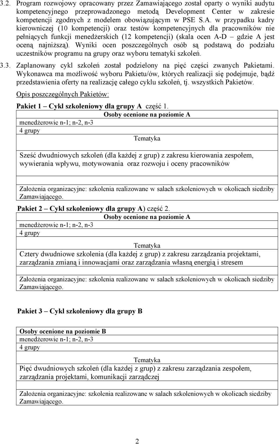 w przypadku kadry kierowniczej (10 kompetencji) oraz testów kompetencyjnych dla pracowników nie pełniących funkcji menedżerskich (12 kompetencji) (skala ocen A-D gdzie A jest oceną najniższą).