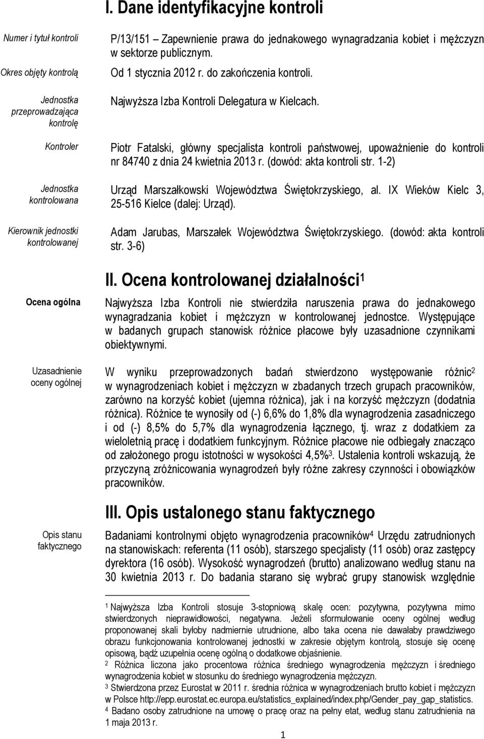 Najwyższa Izba Kontroli Delegatura w Kielcach. Piotr Fatalski, główny specjalista kontroli państwowej, upoważnienie do kontroli nr 84740 z dnia 24 kwietnia 2013 r. (dowód: akta kontroli str.