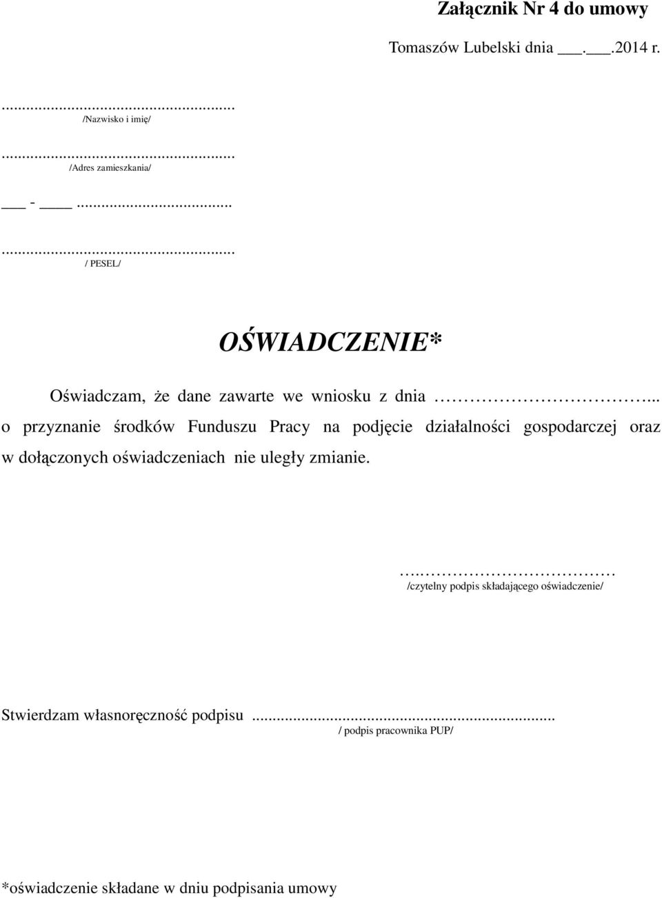 .. o przyznanie środków Funduszu Pracy na podjęcie działalności gospodarczej oraz w dołączonych oświadczeniach