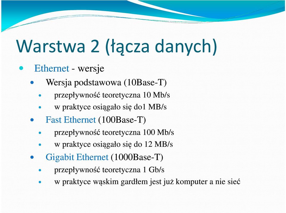 teoretyczna 100 Mb/s w praktyce osiągało się do 12 MB/s Gigabit Ethernet