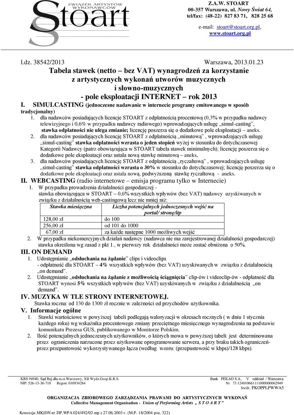 dla nadawców posiadających licencje STOART z odpłatnością procentową (0,3% w przypadku nadawcy telewizyjnego i 0,6% w przypadku nadawcy radiowego) wprowadzających usługę simul-casting, stawka