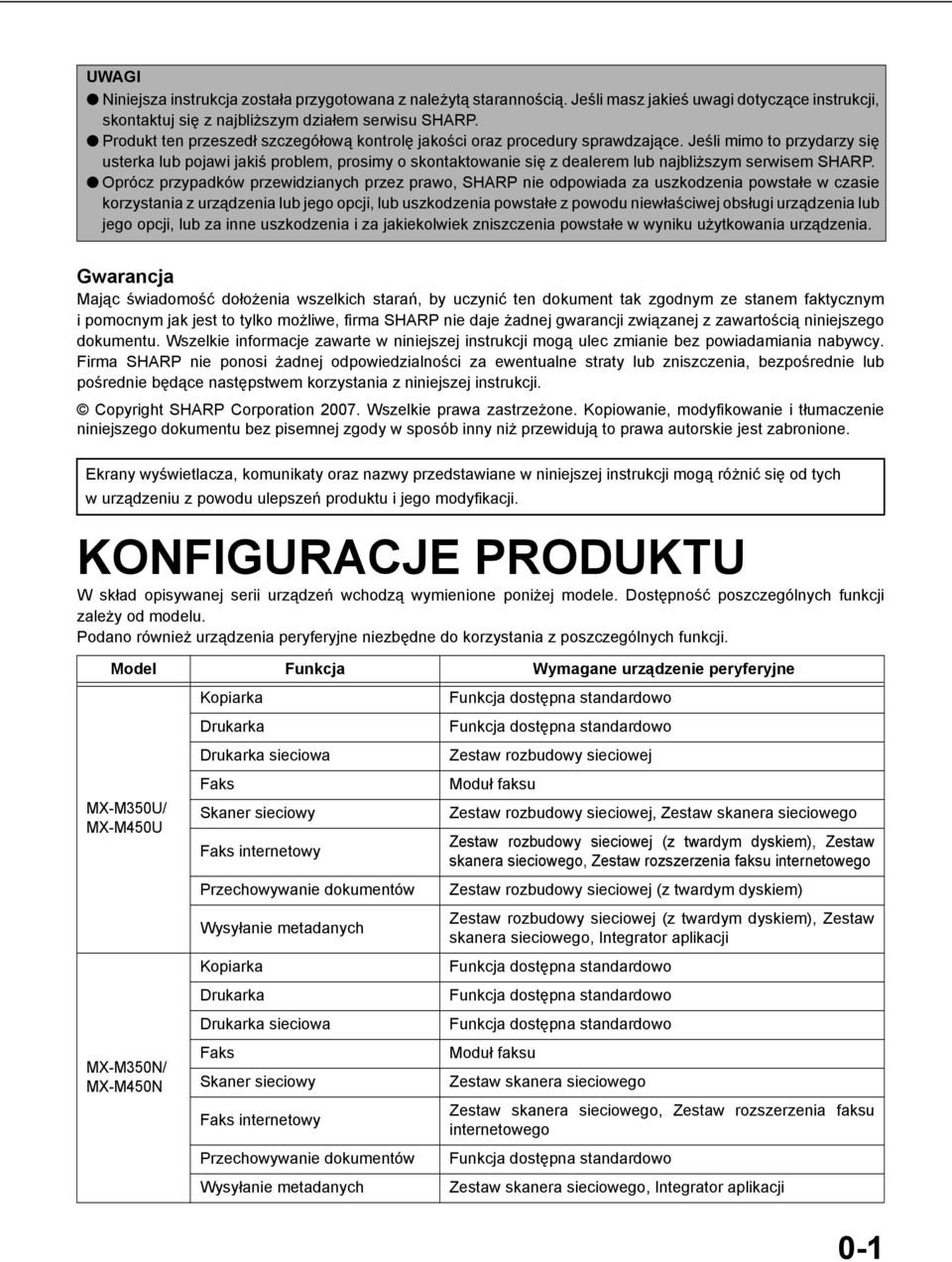 Jeśli mimo to przydarzy się usterka lub pojawi jakiś problem, prosimy o skontaktowanie się z dealerem lub najbliższym serwisem SHARP.