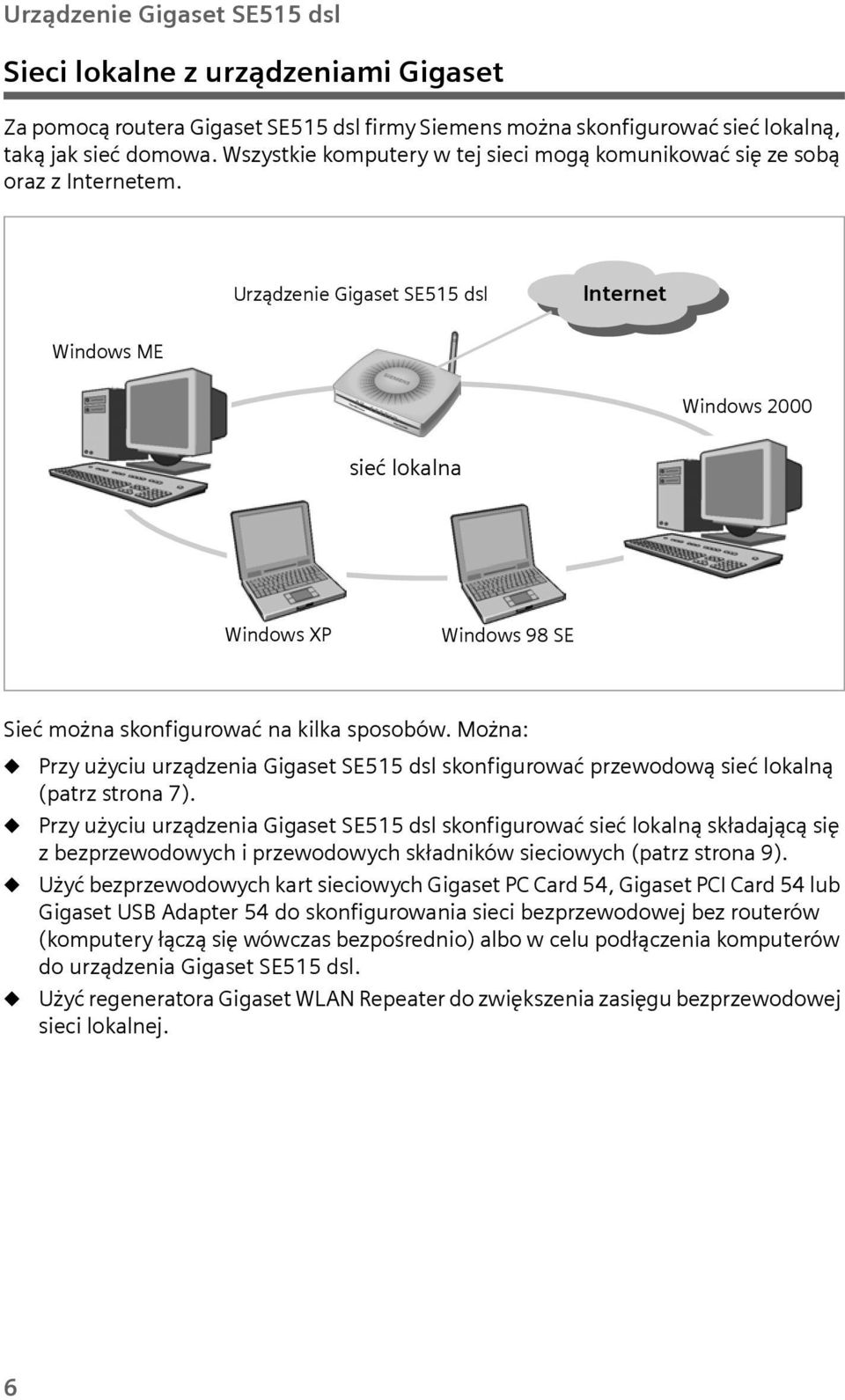 Urządzenie Gigaset SE515 dsl Internet Windows ME Windows 2000 sieć lokalna Windows XP Windows 98 SE Sieć można skonfigurować na kilka sposobów.