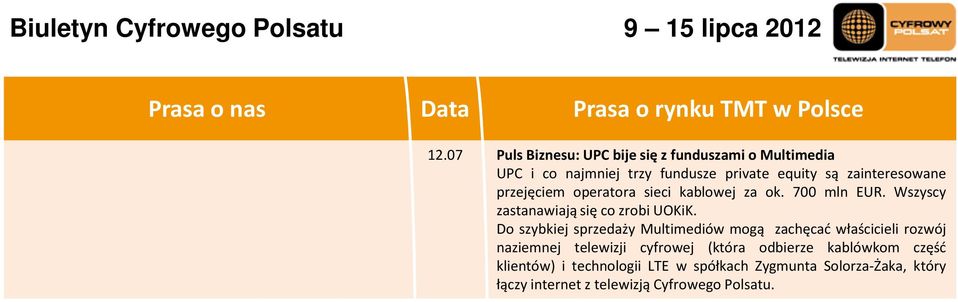 przejęciem operatora sieci kablowej za ok. 700 mln EUR. Wszyscy zastanawiają się co zrobi UOKiK.