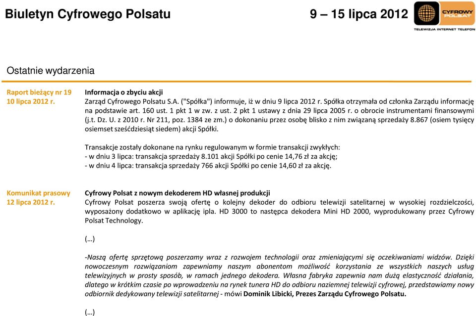 1384 zezm.)odokonaniuprzezosobęblisko znim związanąsprzedaży 8.867 (osiem tysięcy osiemset sześćdziesiąt siedem) akcji Spółki.