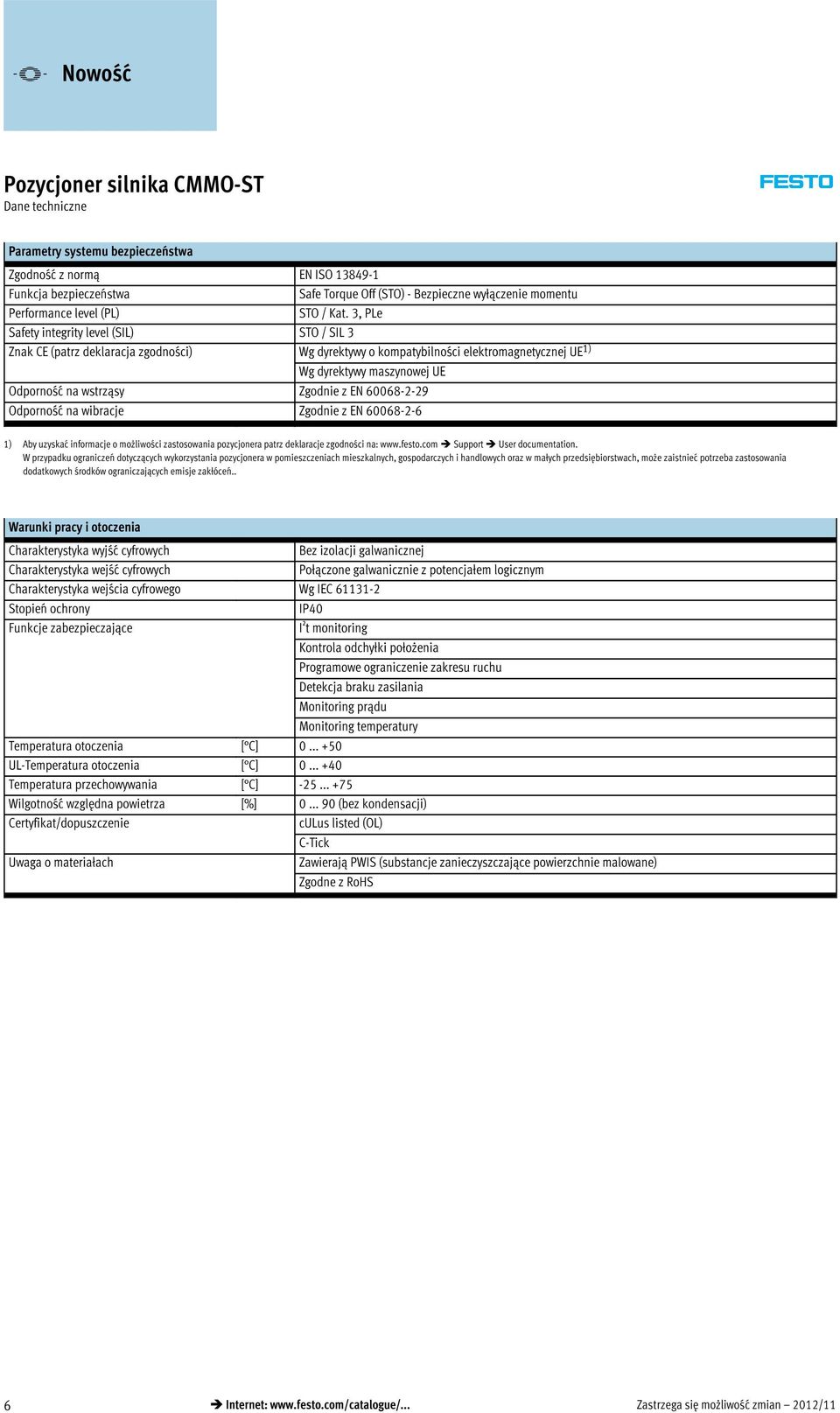 z EN 60068-2-29 Odporność na wibracje Zgodnie z EN 60068-2-6 1) Aby uzyskać informacje o możliwości zastosowania pozycjonera patrz deklaracje zgodności na: www.festo.com Support User documentation.