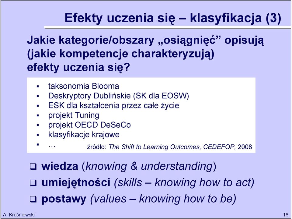 taksonomia Blooma Deskryptory Dublińskie (SK dla EOSW) ESK dla kształcenia przez całe życie projekt Tuning