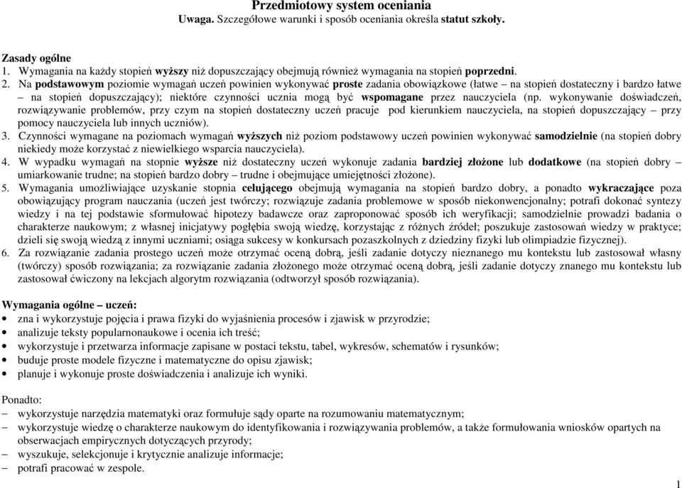 Na podstawowym poziomie wymagań uczeń powinien wykonywać proste zadania obowiązkowe (łatwe na stopień dostateczny i bardzo łatwe na stopień dopuszczający); niektóre czynności ucznia mogą być