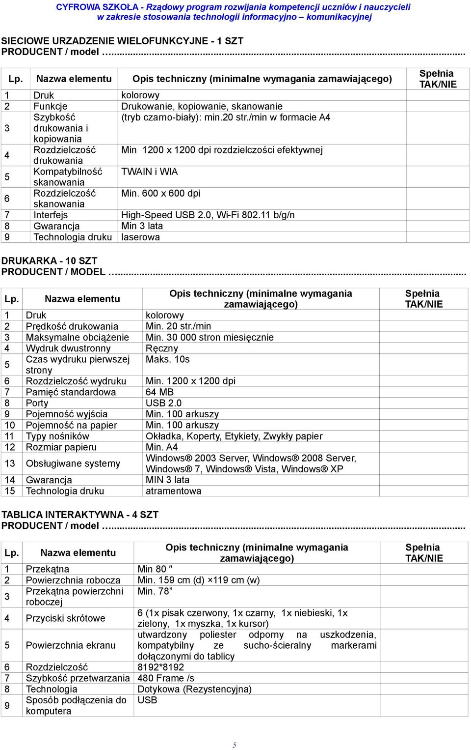 /min w formacie A4 drukowania i kopiowania 4 Rozdzielczość Min 1200 x 1200 dpi rozdzielczości efektywnej drukowania Kompatybilność TWAIN i WIA skanowania 6 Rozdzielczość Min.