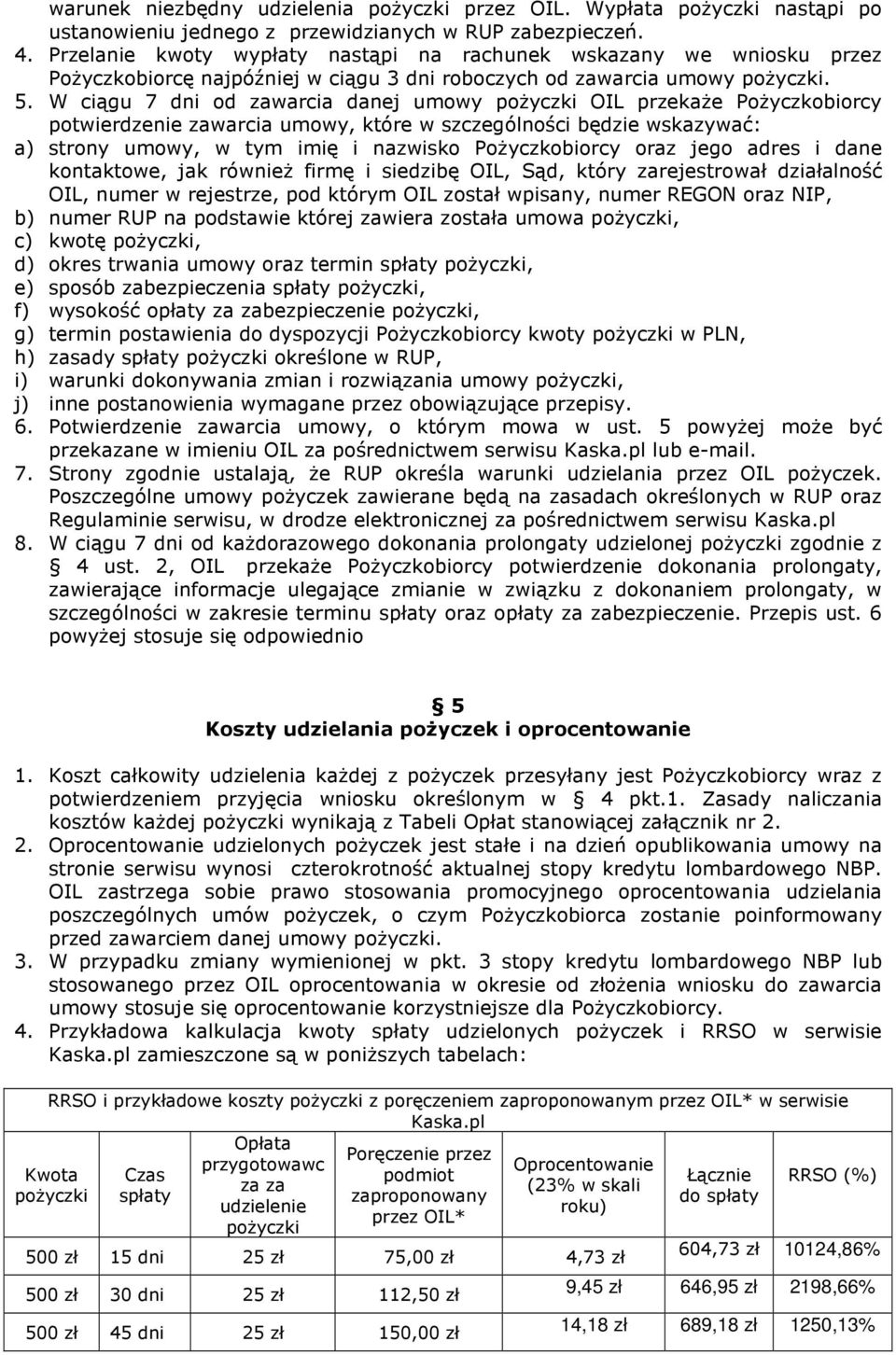 W ciągu 7 dni od zawarcia danej umowy pożyczki OIL przekaże Pożyczkobiorcy potwierdzenie zawarcia umowy, które w szczególności będzie wskazywać: a) strony umowy, w tym imię i nazwisko Pożyczkobiorcy