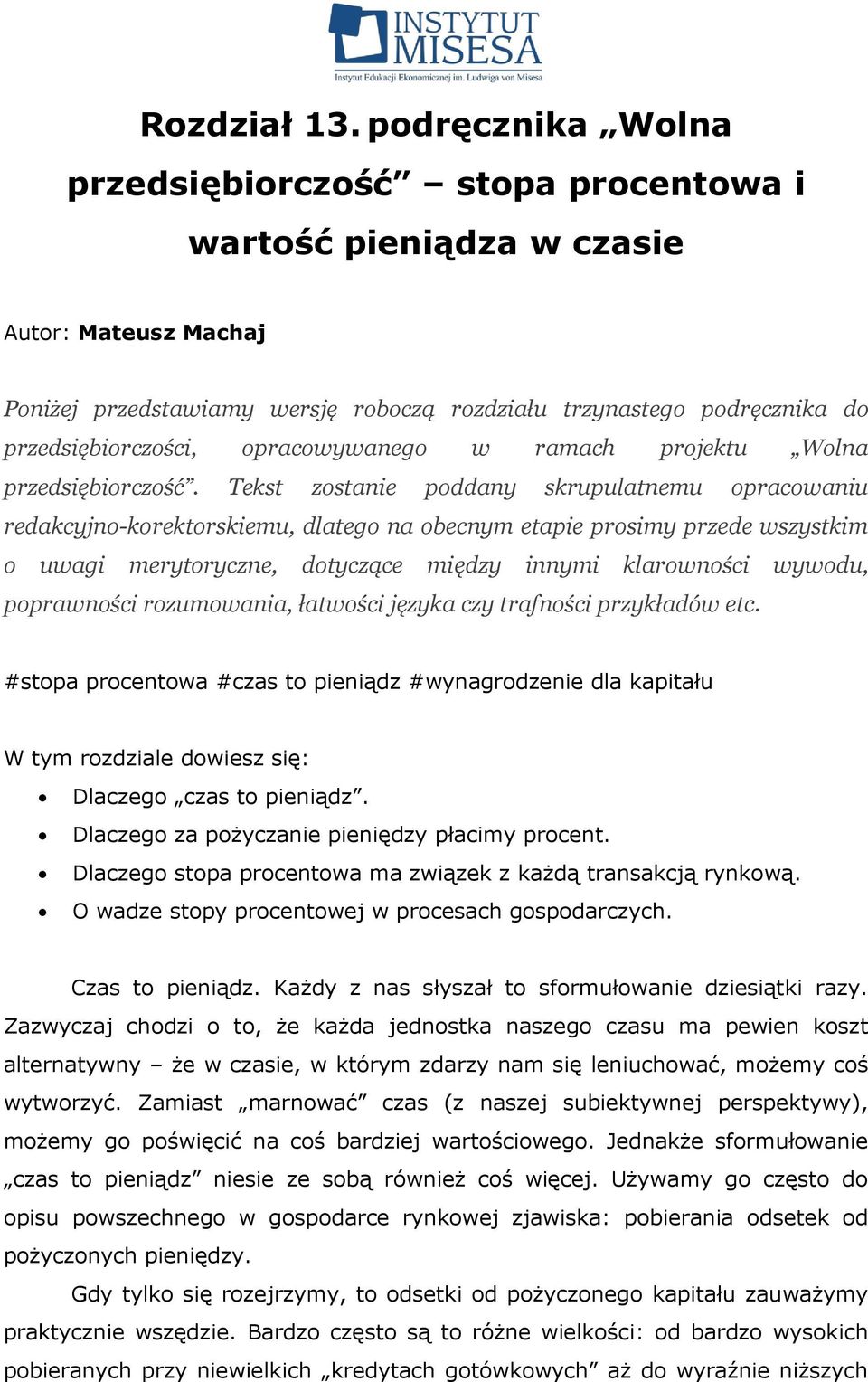 opracowywanego w ramach projektu Wolna przedsiębiorczość.