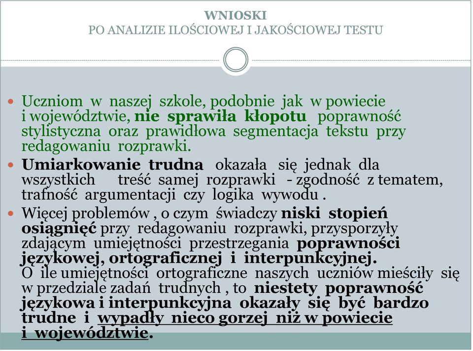 Więcej problemów, o czym świadczy niski stopień osiągnięć przy redagowaniu rozprawki, przysporzyły zdającym umiejętności przestrzegania poprawności językowej, ortograficznej i interpunkcyjnej.