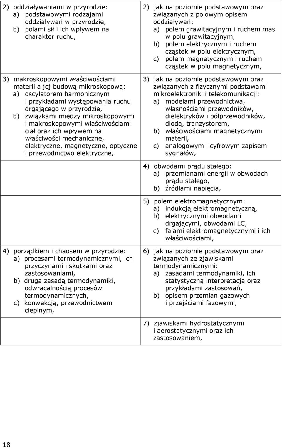 mechaniczne, elektryczne, magnetyczne, optyczne i przewodnictwo elektryczne, ) jak na poziomie podstawowym oraz związanych z polowym opisem oddziaływań: a) polem grawitacyjnym i ruchem mas w polu